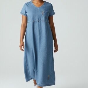 VTG Excitement 90s Denim Dress Fish‎ Embroidery Size M teacher vibes -spot